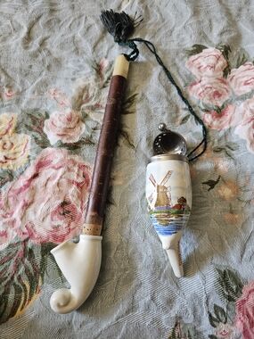 Vintage Porcelain Pipe and Match Safe Set in Cream and Brown